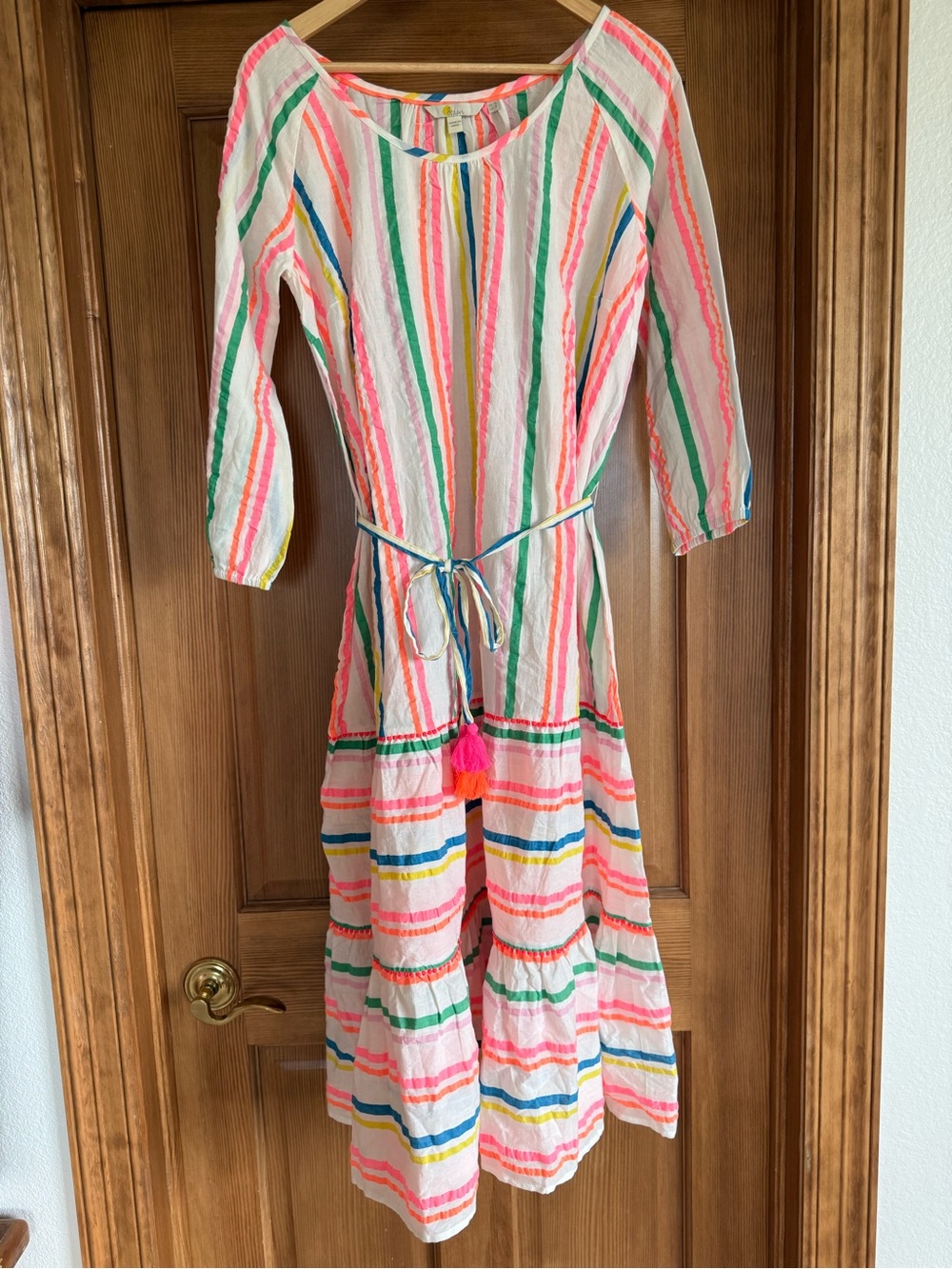 Boden White Pink Multi-Stripe Tiered Dress with Tassel Waist Tie - Picture 1 of 4